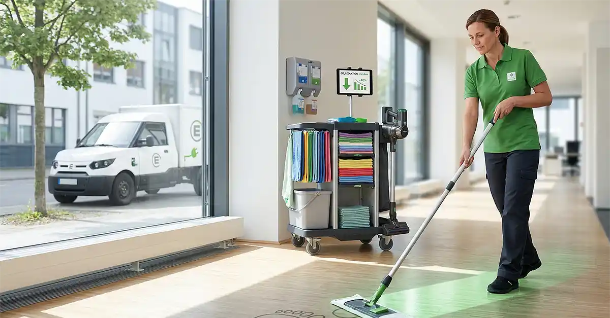 CO² Fußabdruck am Boden, Frau wischt Eingangsbereich