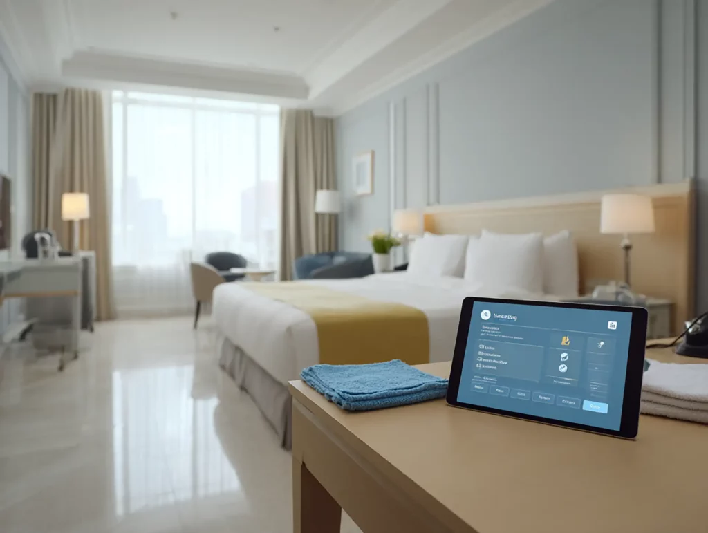 Tablett in einem Hotelzimmer mit KI Software