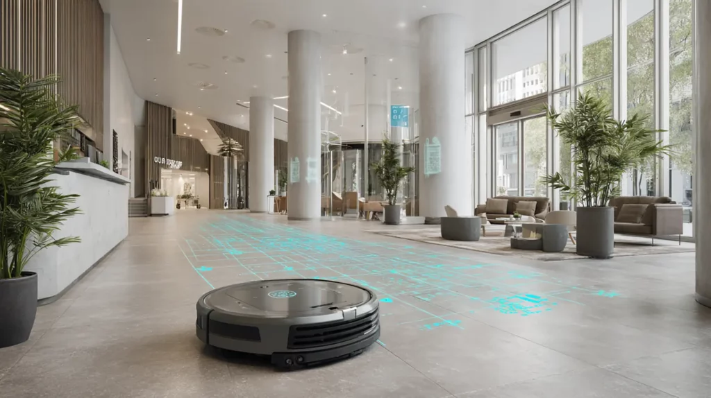 Moderner KI Reinigungsroboter in einem Hotel
