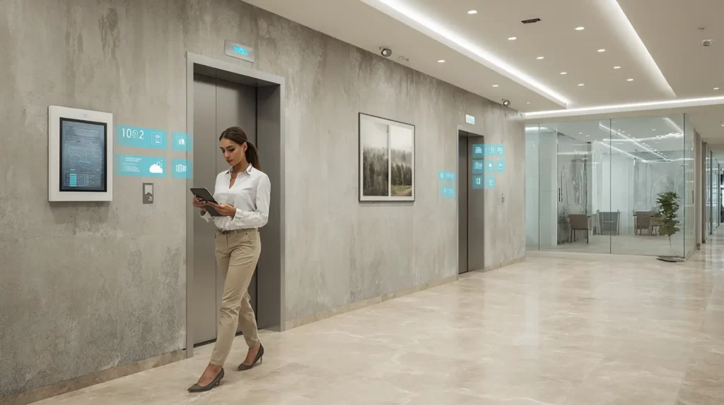 Floor Supervisorin prüft Bürogebäude mit Tablett