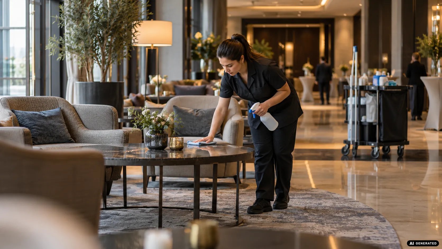 Beitragsbild - Mitarbeiterin putzt Tisch in Lobby